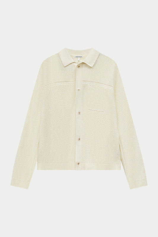 CONTRAST KNIT CROCHET LONG SLEEVE SHIRT - OFF WHITE