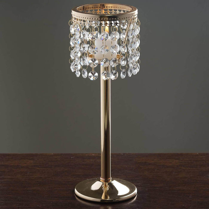 Elegant gold table lamp with crystal beads and a stylish design.