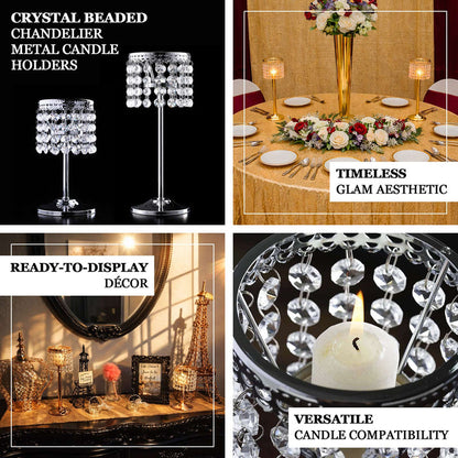 Crystal beaded candle holders for elegant décor and versatile candle compatibility.