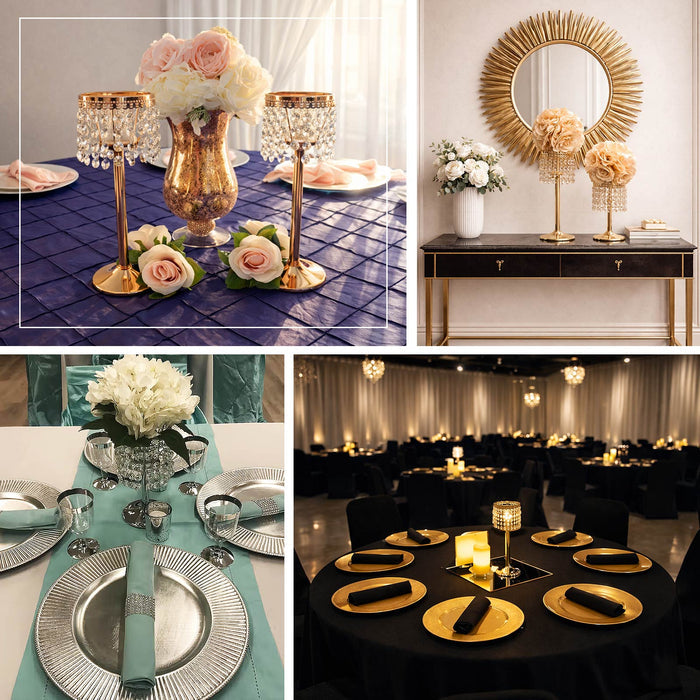 Elegant table settings with floral arrangements and decorative candle holders.