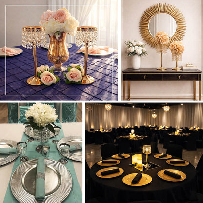 Elegant table settings with floral arrangements and decorative candle holders.