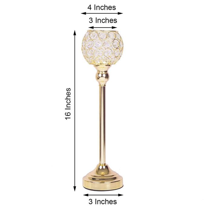 Gold decorative lamp with crystal globe, 16 inches tall, 3 inches wide.