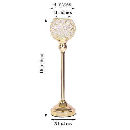 Gold decorative lamp with crystal globe, 16 inches tall, 3 inches wide.