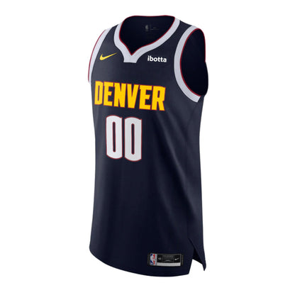 Front View, navy Blue basketball jersey with 'Denver' in gold and red trim and number '00' in white with red trim, gold Nike Swoosh logo and Ibotta Sponsorship patch in white text and navyblue patch on a white background
