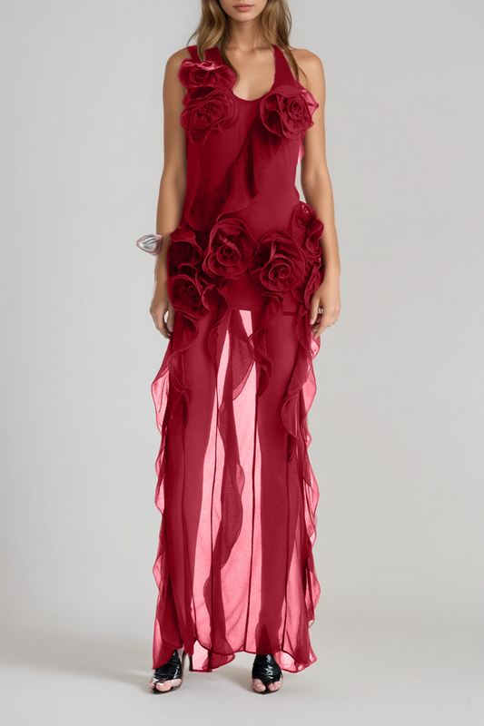 Damir Flower Backless Mesh Maxi Dress