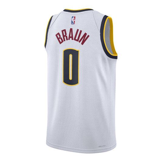Back view of a white Denver Nuggets Christian Braun jersey, featuring "Braun" and the number 0 in dark navy and red lettering