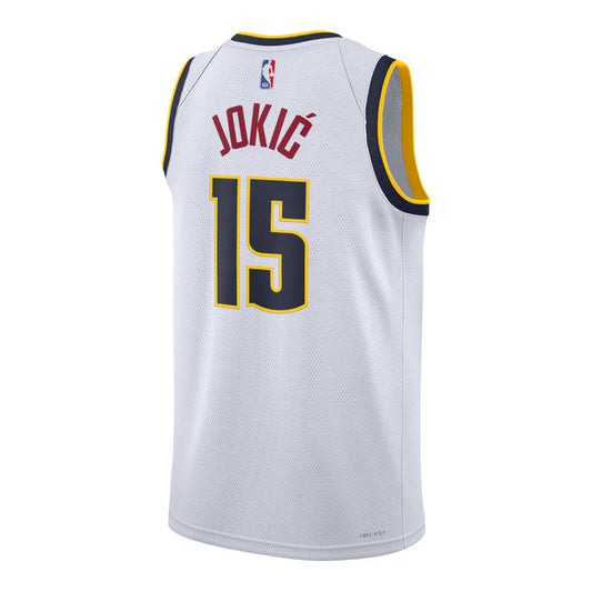 Back view of a white Denver Nuggets Nikola Jokic jersey, featuring "Jokic" and the number 15 in dark navy and red lettering