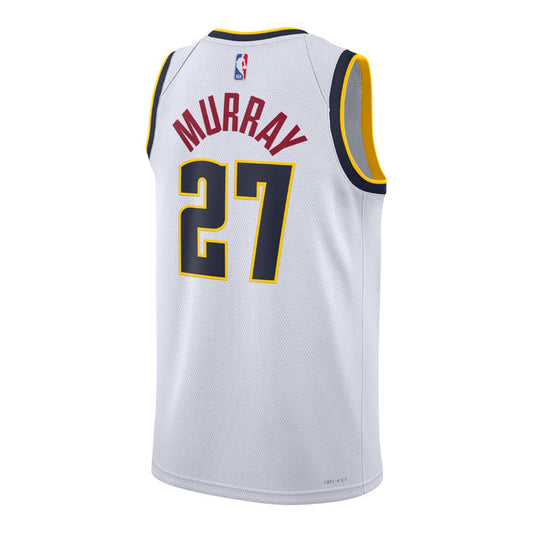 Back view of a white Denver Nuggets Jamal Murray jersey, featuring "Murray" and the number 27 in dark navy and red lettering