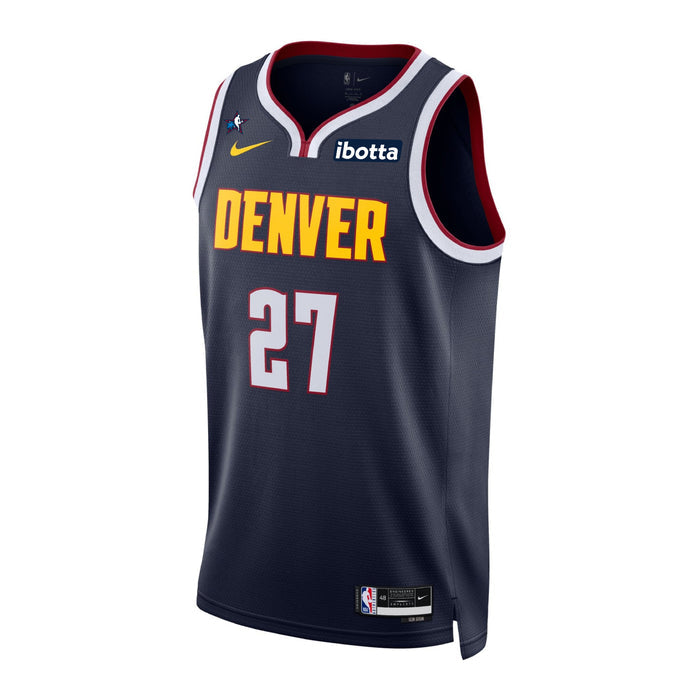 Front view of a navy Denver Nuggets Jamal Murray jersey, featuring "Denver" in yellow  with red trim and the number 27 in white with red trim.