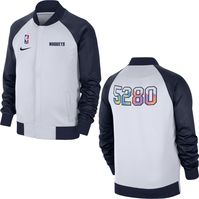 Front and back of the white and navy bomber jacket, displaying the chest logos and the "5280" graphic on the back.