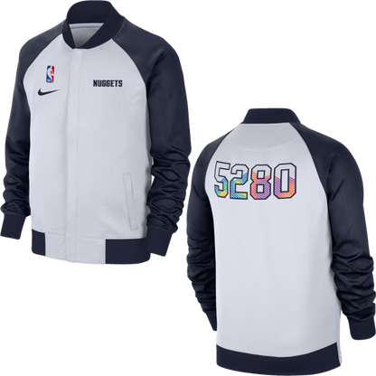 Front and back of the white and navy bomber jacket, displaying the chest logos and the "5280" graphic on the back.