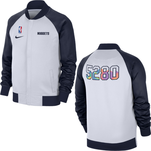 Front and back of the white and navy bomber jacket, displaying the chest logos and the "5280" graphic on the back.