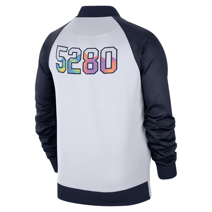 Back view of the light grey and navy jacket, showcasing the number "5280" in a multi-colored, outlined font.