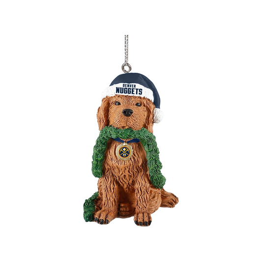 A Denver Nuggets holiday ornament featuring a  brown puppy wearing a navy blue team-branded winter hat and a green holiday wreath.