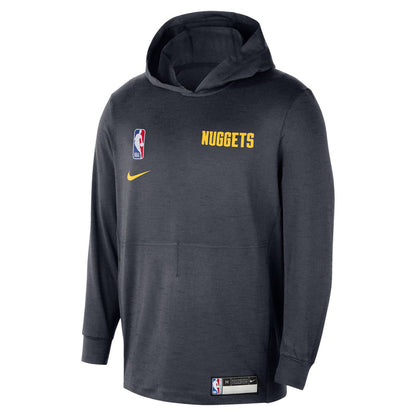 Front view black hoody featuring a graphic on the chest with the word "Nuggets" in stylized script in yellow