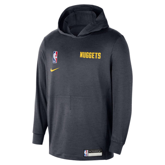 Front view black hoody featuring a graphic on the chest with the word "Nuggets" in stylized script in yellow