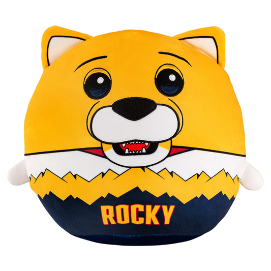 Front view round, plush toy of Rocky the Denver Nuggets mascot featuring a yellow head, and a body patterned with a mountain graphic and the name "ROCKY" in yellow text on a dark blue base
