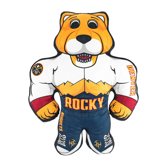 Front view plush toy of Rocky, the Denver Nuggets mascot, wearing a white jersey with mountain graphics, blue shorts with "ROCKY" printed on the waistband, and red wristbands.