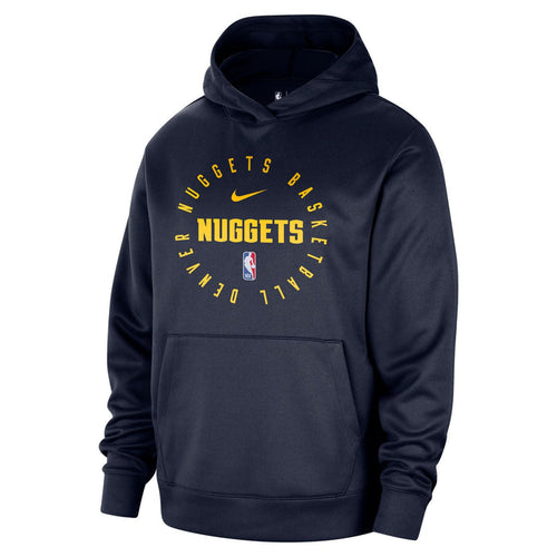 Front view dark navy blue pullover hoody featuring a graphic on the center chest with the text "NUGGETS" in yellow, surrounded by a circular text design, a Nike swoosh, and an NBA logo.