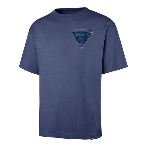 Front view of a dark navy blue short-sleeve crewneck t-shirt. The left chest features a small navy blue graphic shaped like an inverted triangle with a gold border, housing a subtle Denver Nuggets team emblem inside