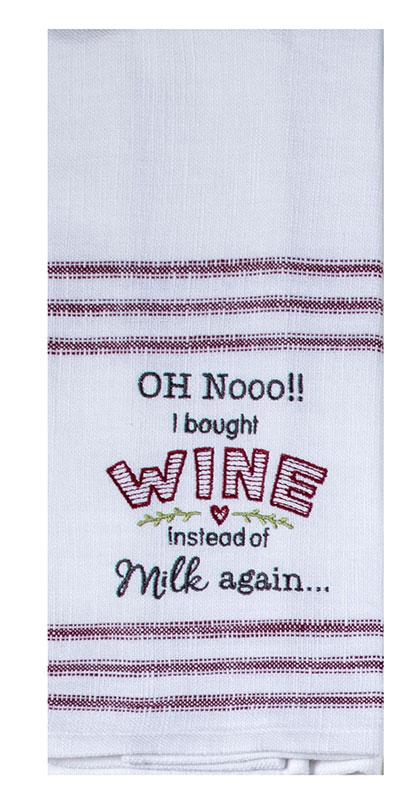 Embroidered Tea Towel - Oh, No Wine