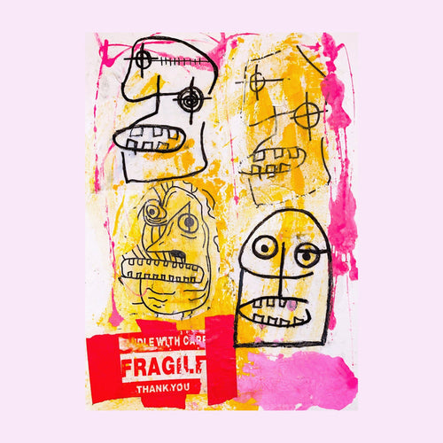 The artwork 'Faces Collage' by Brandon Hodges features abstract sketched faces with bold black outlines against a vibrant yellow and pink watercolor background. The primitive-style drawings show expressive faces with geometric eyes and angular teeth, complemented by a red 'FRAGILE' label at the bottom. The piece combines raw, graffiti-inspired linework with splashes of energetic color. 12x9 inches.