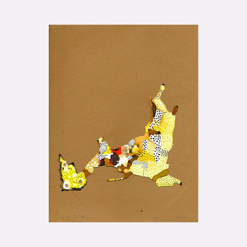 The artwork 'Flat Chick' by Linda Lee Nicholas features an abstract cut-out composition on brown paper displaying yellow, white, and dotted patterns forming irregular organic shapes. The piece combines ink and paper cutout techniques, creating a dynamic contrast between the textured patterns and solid background, measuring 8.5 x 11 inches.
