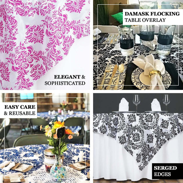 Elegant damask table overlays in various styles for events and gatherings.