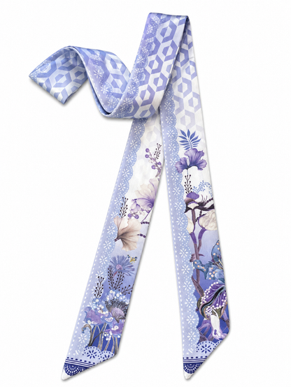 Hamida Lavender Grace silk twilly scarf featuring soft lavender floral artwork and geometric patterns.