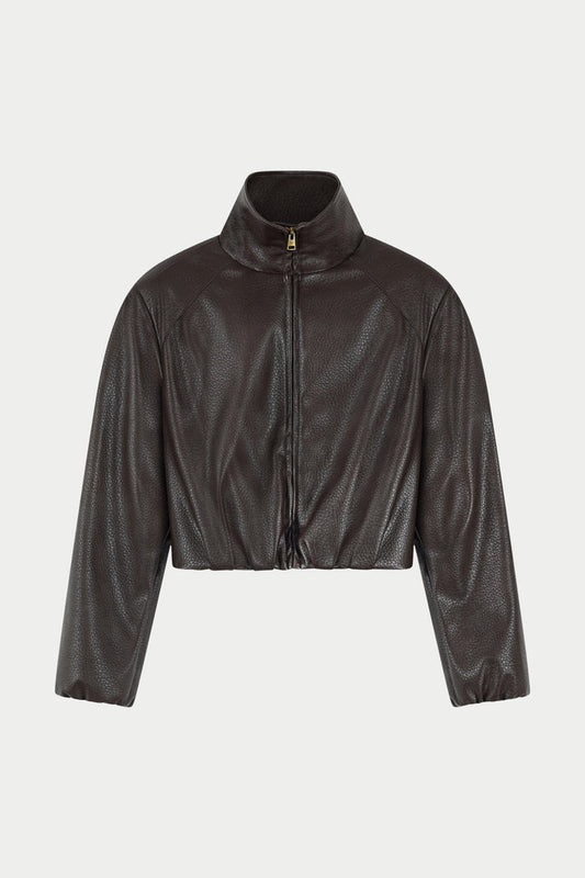 FUNNEL NECK BALLOON HEM FAUX LEATHER JACKET - BROWN
