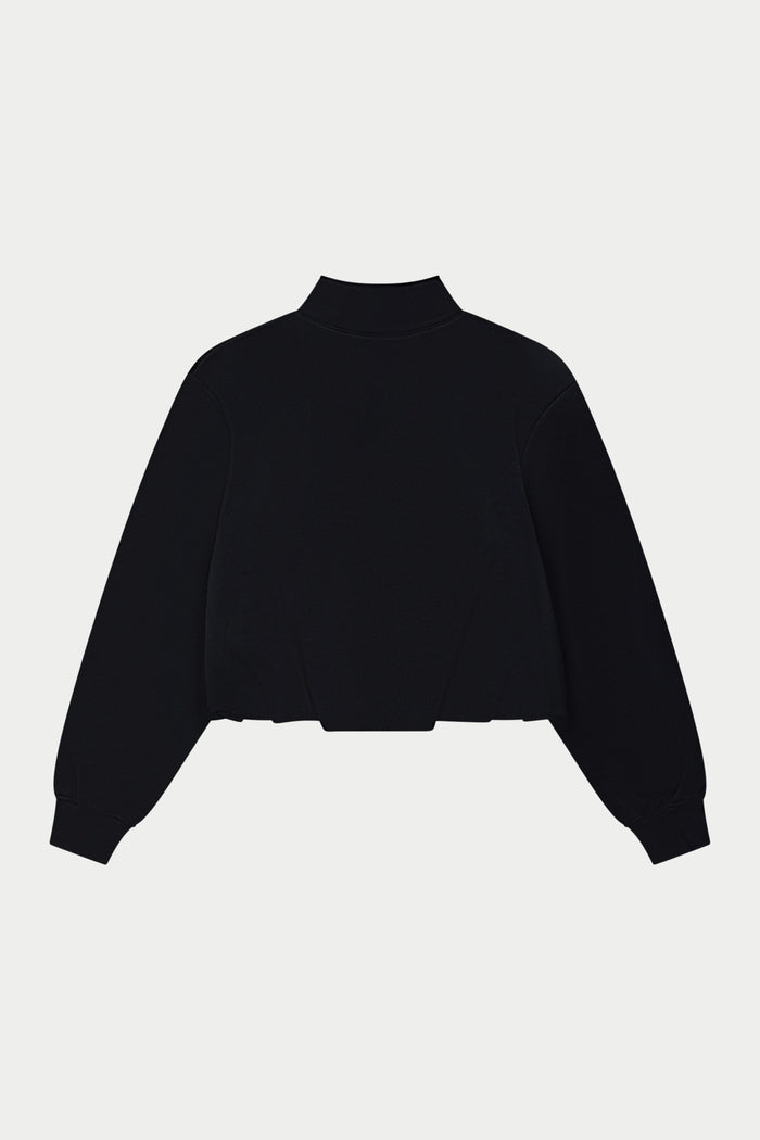 Black funnel neck zip through hoodie on a white background