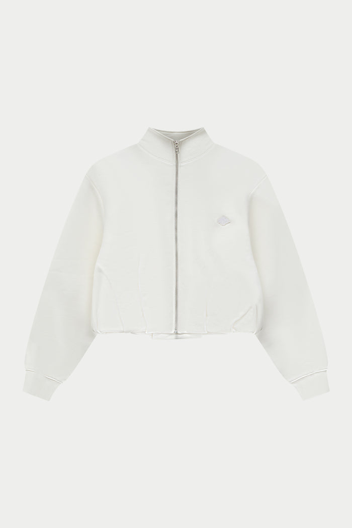 Off white funnel neck zip through hoodie on a white background