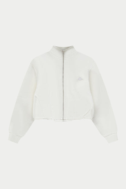 Off white funnel neck zip through hoodie on a white background