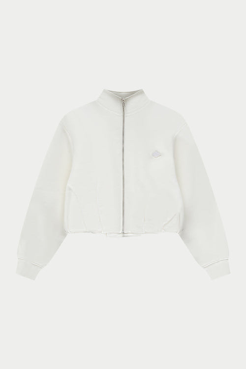 Off white funnel neck zip through hoodie on a white background