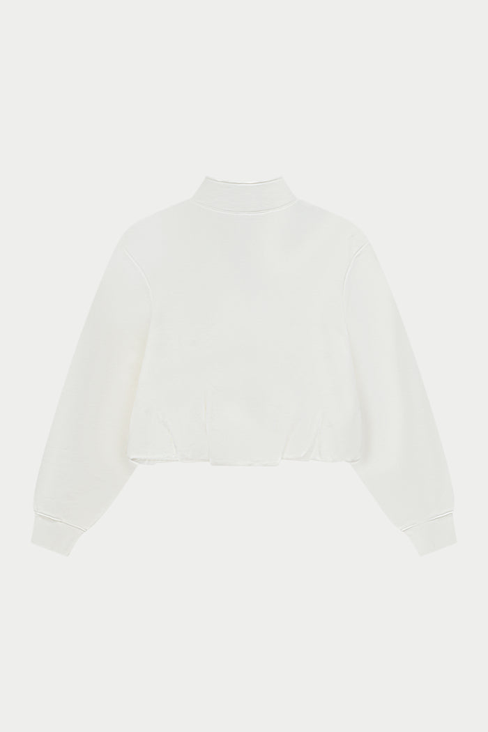 Off white funnel neck zip through hoodie on a white background