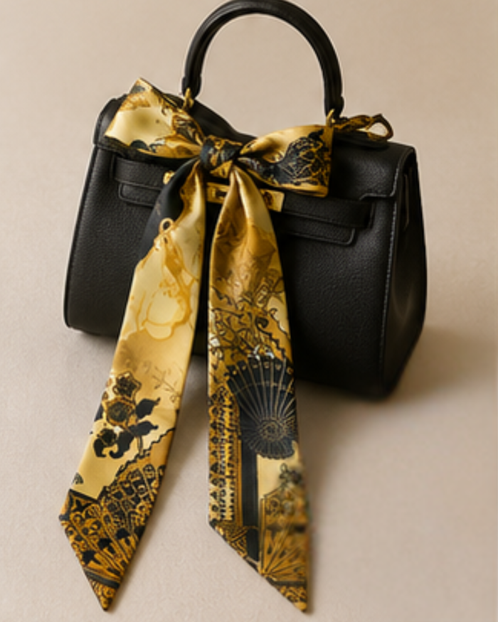 Premium Hamida silk ribbon scarf showcasing intricate fan patterns and floral illustrations.