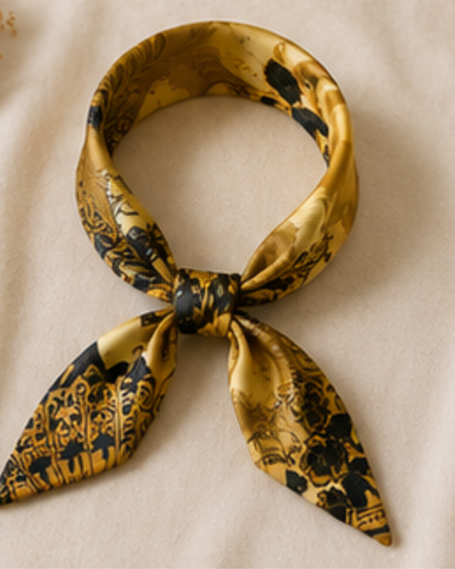 Gold and black designer twilly scarf rolled neatly, highlighting luxurious silk texture and detailed artwork.