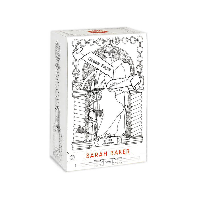 Sarah Baker Perfumes Greek Keys Extrait de Parfum box with art nouveau illustrated packaging on white background