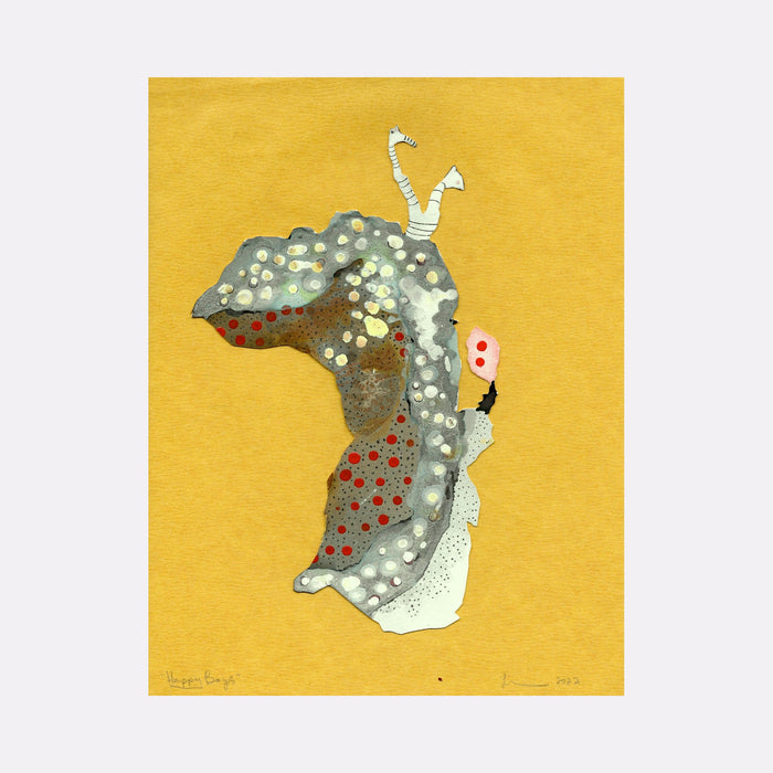 The artwork 'Happy Boys' by Linda Lee Nicholas features a whimsical abstract figure in ink cutout against a vibrant yellow background. The figure resembles a playful creature with a curved profile, adorned with dotted patterns in gray, red, and white. Two thin striped appendages emerge from the top, creating a quirky, organic composition. The piece combines textural elements and precise cutout techniques - by Linda Lee Nicholas.