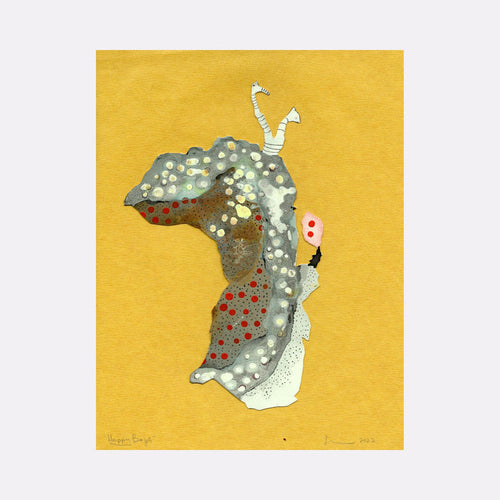 The artwork 'Happy Boys' by Linda Lee Nicholas features a whimsical abstract figure in ink cutout against a vibrant yellow background. The figure resembles a playful creature with a curved profile, adorned with dotted patterns in gray, red, and white. Two thin striped appendages emerge from the top, creating a quirky, organic composition. The piece combines textural elements and precise cutout techniques - by Linda Lee Nicholas.