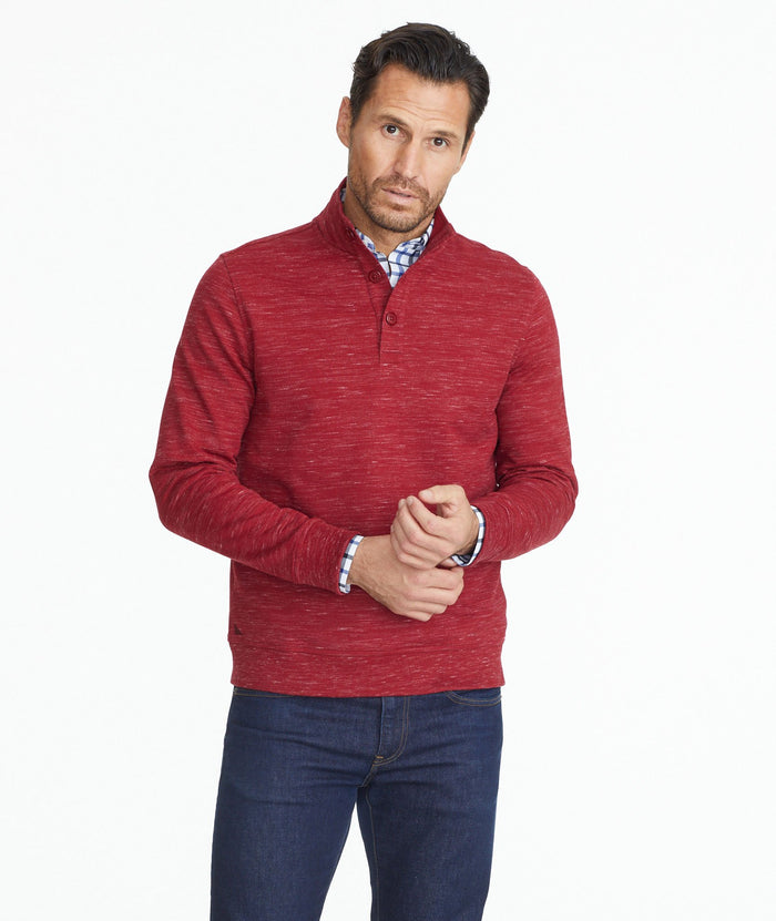 Model wearing a Red Heathered Henley Sweatshirt