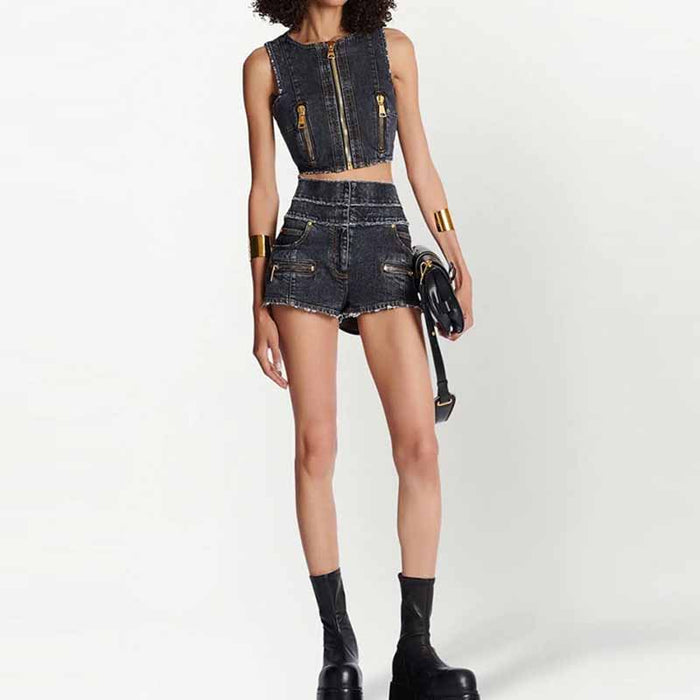 High-Waisted Faded Denim Tank Top + Shorts Suit