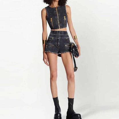 High-Waisted Faded Denim Tank Top + Shorts Suit