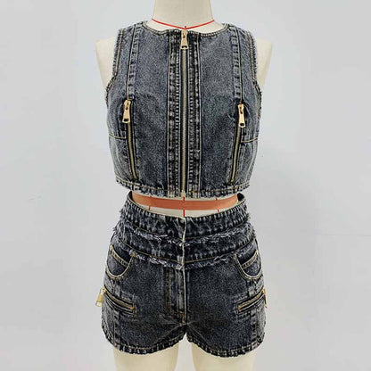 High-Waisted Faded Denim Tank Top + Shorts Suit
