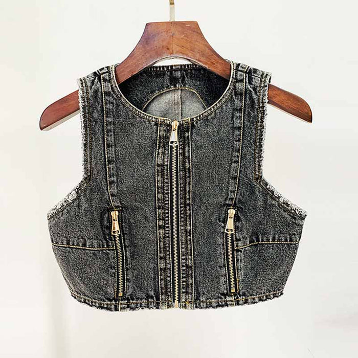 High-Waisted Faded Denim Tank Top + Shorts Suit