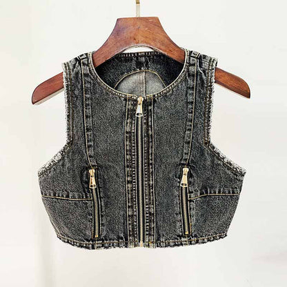 High-Waisted Faded Denim Tank Top + Shorts Suit