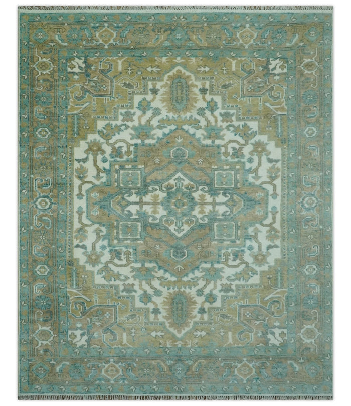 Ivory, Olive and Teal Hand Knotted Traditional Heriz Custom Made wool area rug