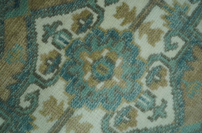 Ivory, Olive and Teal Hand Knotted Traditional Heriz Custom Made wool area rug