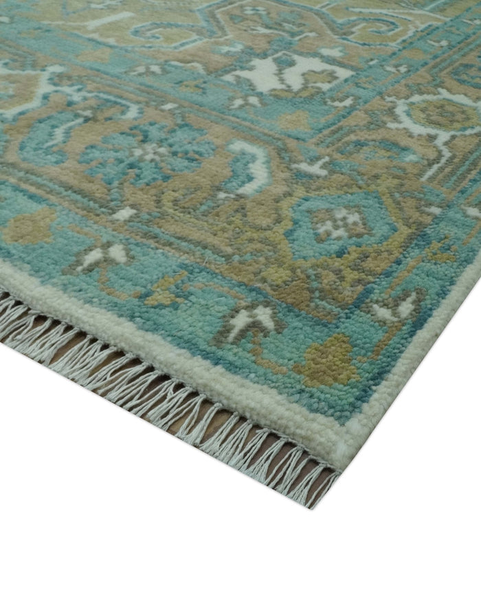 Ivory, Olive and Teal Hand Knotted Traditional Heriz Custom Made wool area rug