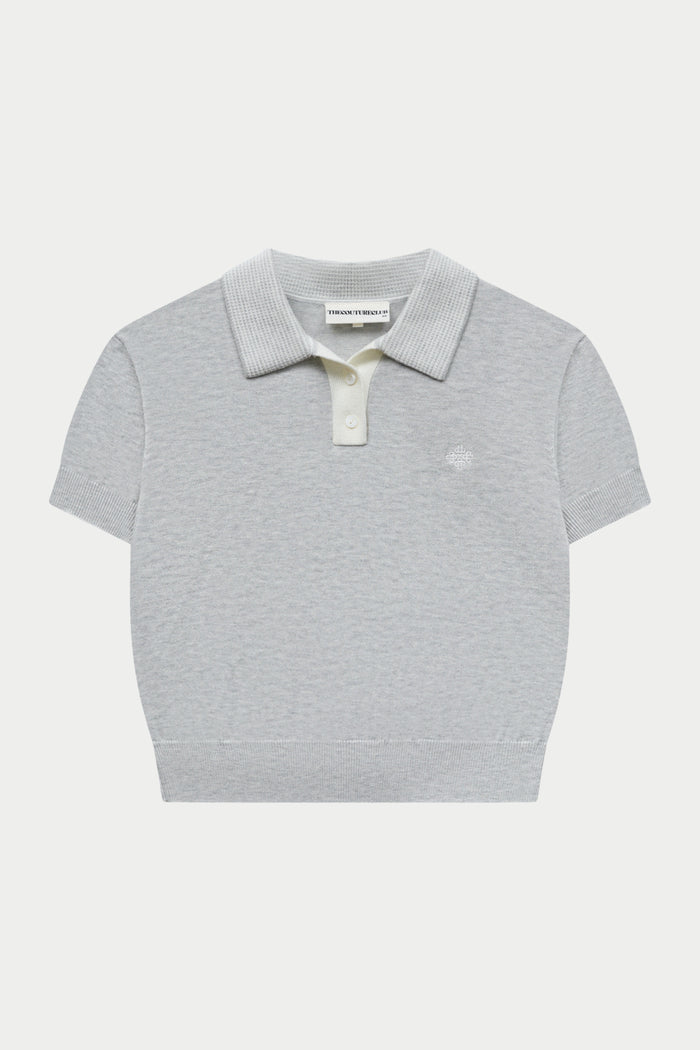 KNITTED COLLAR POLO TOP - GREY MARL